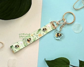 Bumblebees Wristlet Keychain With Charm | Mini Bee Wrist Lanyard Key Fob For House Car Keys Cottagecore