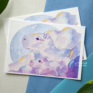 Carte postale A6 Capybaras nuageux, petite impression d'art illustrée | Carte de correspondance Snail Mail
