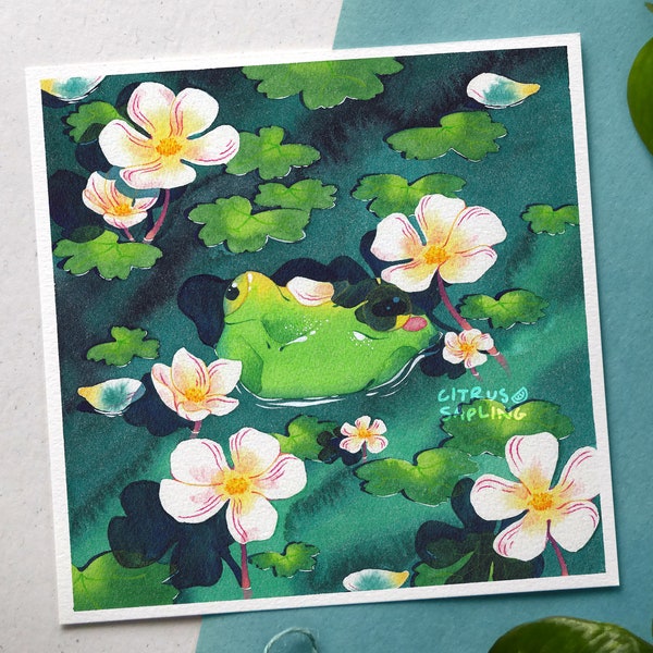 Spring Frog Art Print Square Illustrated Poster | Sunny Amphibian Floral Watercolour Painting