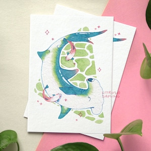 Cartão postal de tubarão-martelo A6 ilustrado com pequena impressão artística | Cartão de correspondência de caracol