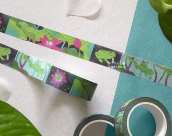 Lotus Frog Washi Tape | Cute Froggy Flowers Pond | Planner Journal Scrapbook Stationery Tape