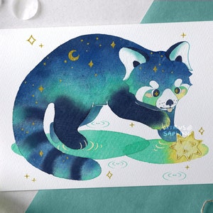 Póster ilustrado con estampado artístico de panda rojo, tamaño A4 o A5, adornado con oro. Pintura de acuarela con estrellas de un animal adorable