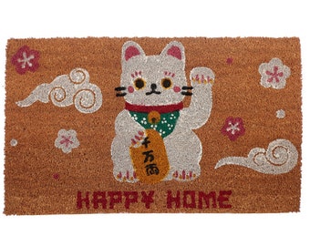 Lucky Cat Happy Home  - Coir Doormat Welcome Mat Front Door Mat Hallway Gift Present - New Home Gift