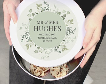 Personalised 9in White Round Cake Tin - Botanical Design - Storage Cake Tin with Lid - Wedding Cake Tin - Anniversary - Mother's Day Gift