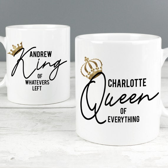 A Set of King Queen Personalised Tea Coffee Ceramic Mug Set Wedding Gift  for Couples Bride Groom Wedding Anniversary His & Her Mugs 