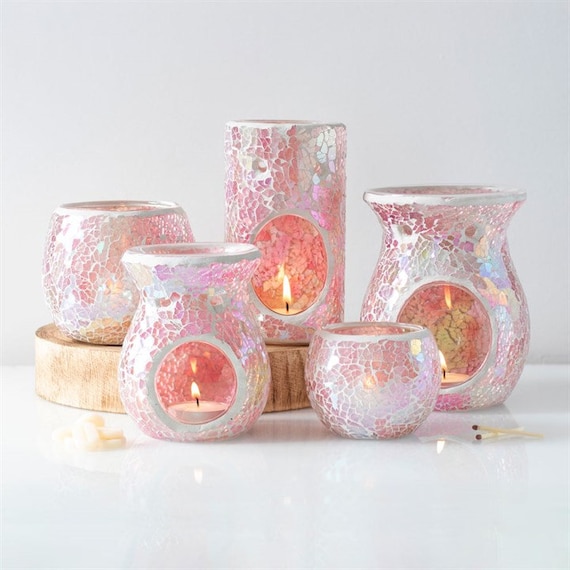 Glass Mosaic Effect Pink Oil Burners for Wax Melts & Candle Holders,  Essential Oil Warmer, Tea Light Holder Diffuser, Aromatherapy Gift 