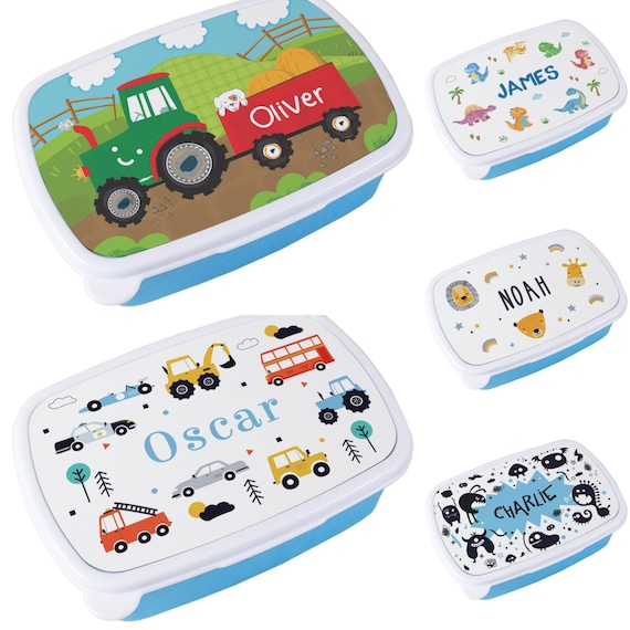 Boys Personalised Blue Lunch Box, Kids Snack Box for School, Dinosaur  Tractor Pack Lunch Box, BPA Free Snack Box for Kids, 