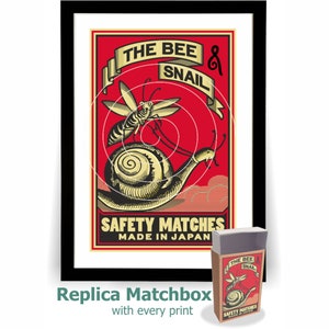Impressão de caixa de fósforos vintage de abelha e caracol + caixa de fósforos réplica