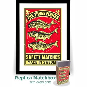 Three Fishes Swedish Matchbox Label Print + Replica Matchbox - Etsy