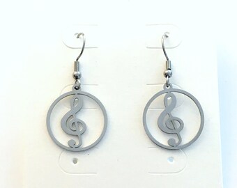 Music Teacher Earrings, Treble Clef Jewelry, Gift for Daughter, Girlfriend Present, 316L Stainless Steel Loop Dangle Earrings, Musical Note