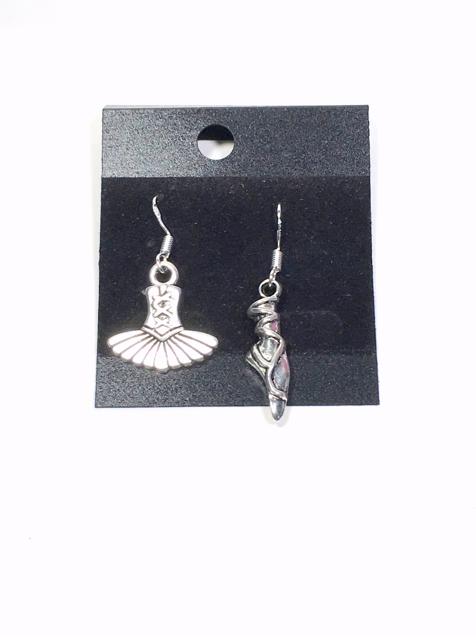 gift for dancer earrings, silver dance jewelry, ballerina present sterling loop dangle charm ballet tutu pointe shoe, teenage da