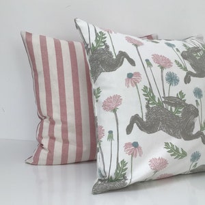 Pink Hare and Deckchair Stripe Dusky Pink Fabric Cushion Cover 17"