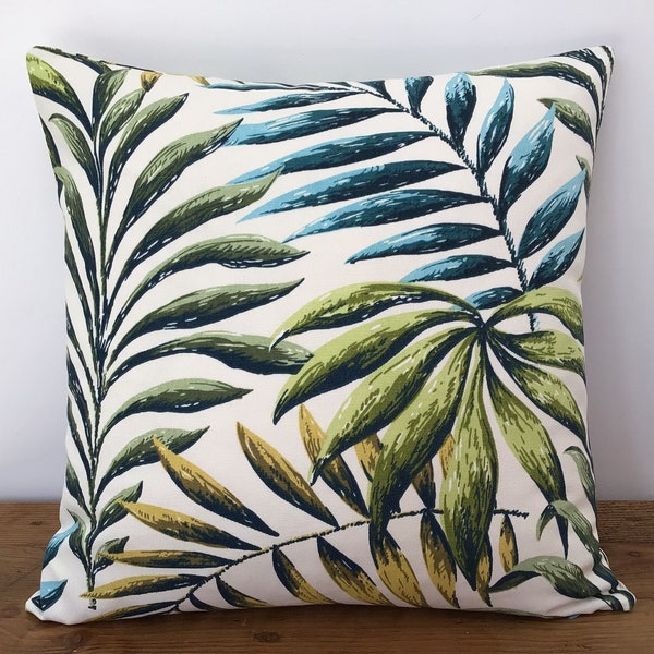 Botanical Jungle Leaves Green Teal Blue Tropical Palm Fabric Cushion Cover