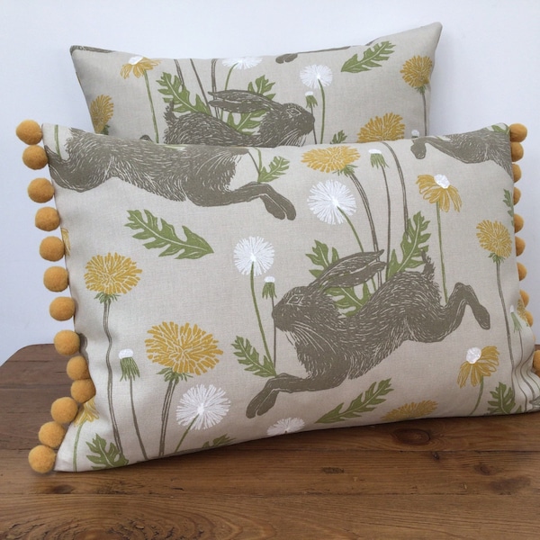 March Leaping Hare DOUBLE SIDED Cushion Cover Yellow Ochre Dandelion Rabbit Fabric