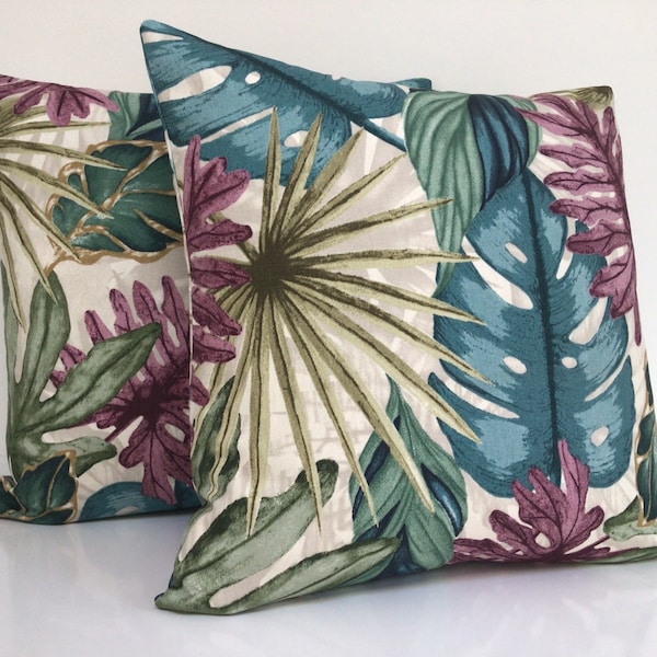 Pair of Damson Blue Green Mistique Cushion Covers DOUBLE SIDED 17" Botanical Leaf Fabric