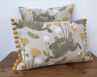 March Leaping Hare DOUBLE SIDED Cushion Cover Yellow Ochre Dandelion Rabbit Fabric