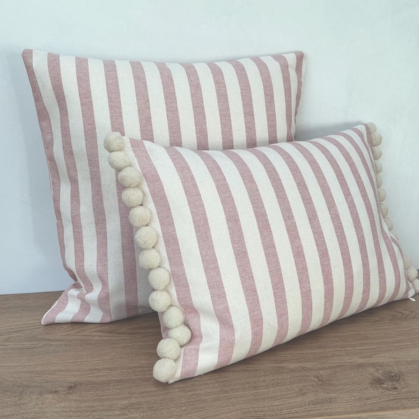Dusky Pale Pink Stripe Hare Cushion Covers Pom Pom Trim