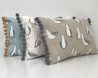 Seagull Cushion Cover with Grey or Mustard Pom Pom Trim Nautical Fabric Double Sided Bolster