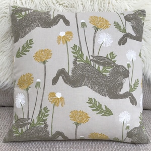 March Leaping Hare DOUBLE SIDED Cushion Cover Yellow Ochre Dandelion Rabbit Fabric