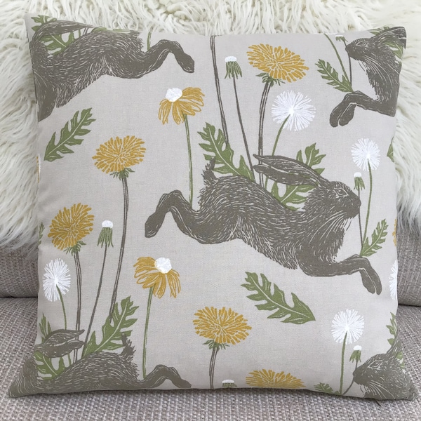 March Leaping Hare DOUBLE SIDED Cushion Cover Yellow Ochre Dandelion Rabbit Fabric