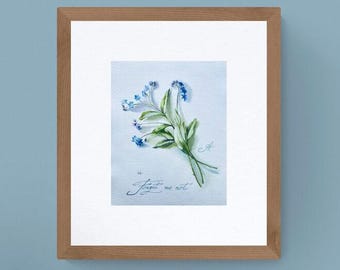 忘れな草の絵画 - 私のオリジナルの水彩画「忘れな草」からのプリント