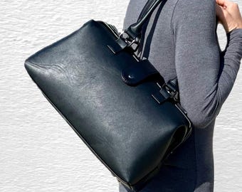 Black Vegan Shoulder Bag Large : Vintage Style Soft Faux Leather Doctor Bag Purse