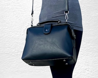 Retro Vegan Leather Crossbody Bag, Structured Frame Satchel, Doctor Bag