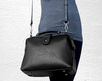 Retro Vegan Leather Crossbody Bag, Structured Frame Satchel, Doctor Bag