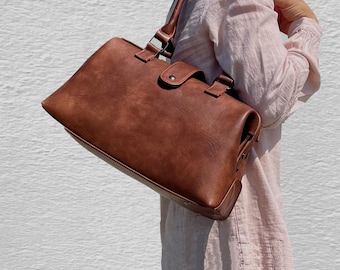 Vegan Leather Frame Shoulder Bag, Vintage Style Large Doctor Bag Purse