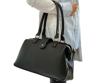 Large Black Vegan Doctor Bag Purse Women’s Shoulder Bags Gift, Vegan Leather Bag For Business & Travel, Classic Vintage Style Y2K Bag