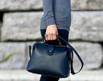 Vegan Leather Top Handle Bag, Retro Structured Frame Crossbody