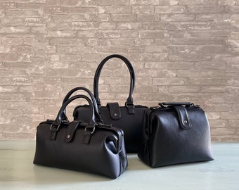 Black Vegan Doctor Bags and Purses Women’s, Classic Y2K Bag, Quality Vegan Leather Bag Gift, Minimalist Handbag