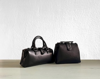 Retro Top Handle Vegan Leather Handbag: Classic Black Doctor Bag Crossbody