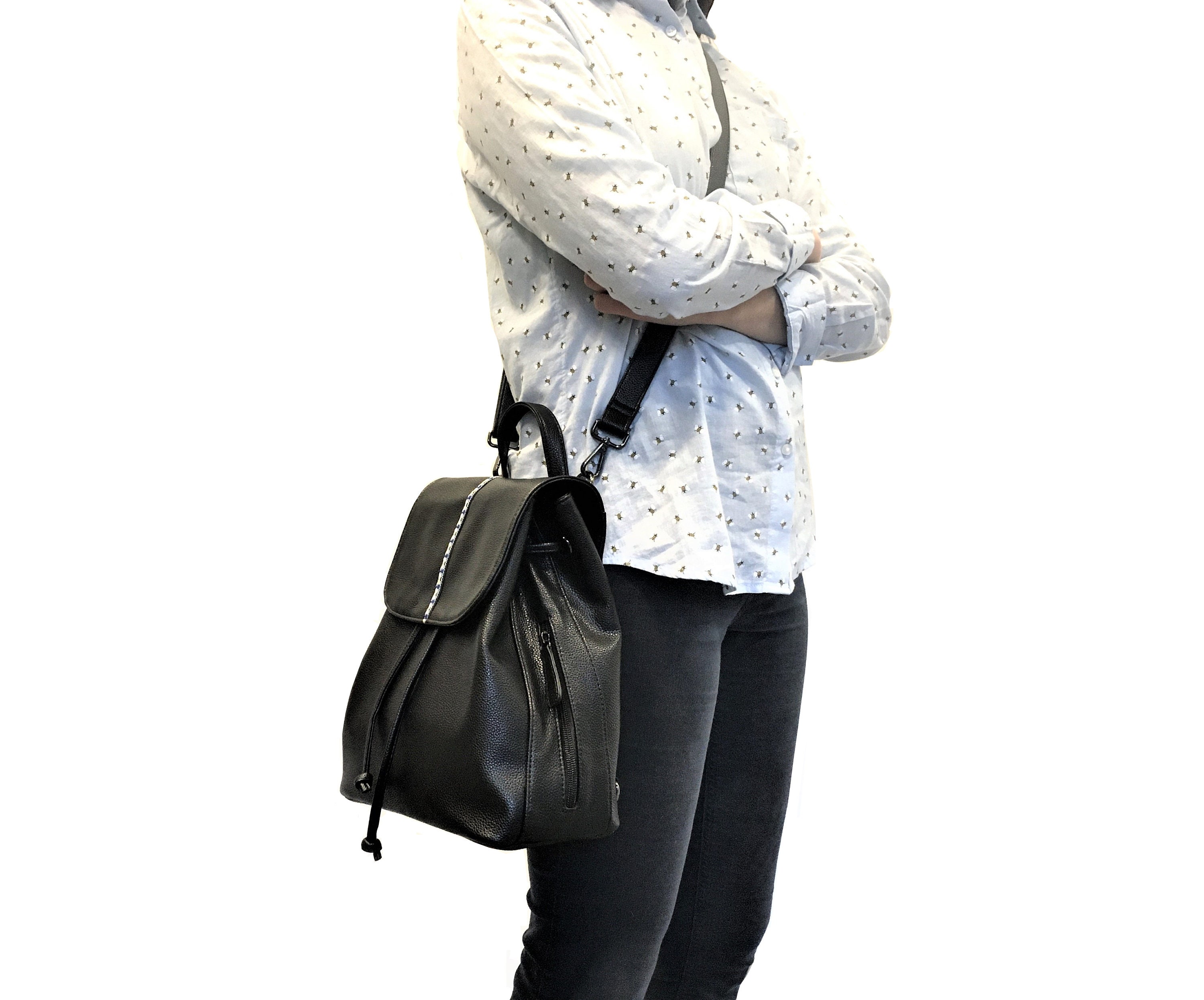 Convertible Mini Backpack Purse: Black Vegan Leather Travel 