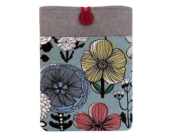 Floral iPad MacBook Linen Sleeve, Colourful Flowers Padded Laptop Cover Gift