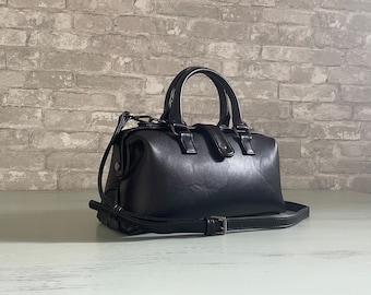 Sac à main végétalien noir Y2K, sac à main Boston médecin pour femme, sac à bandoulière en cuir végétalien moyen, cadeau sac à main Unique de Style vintage rustique