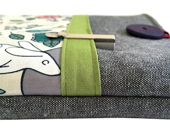 Green Laptop iPad Sleeve Rabbits: Padded Linen MacBook Case Custom Fit