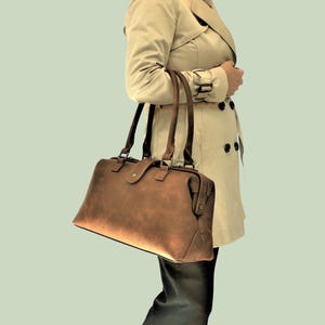 Brown Vegan Leather Doctor Bag: Large Shoulder Bag, Vintage Style