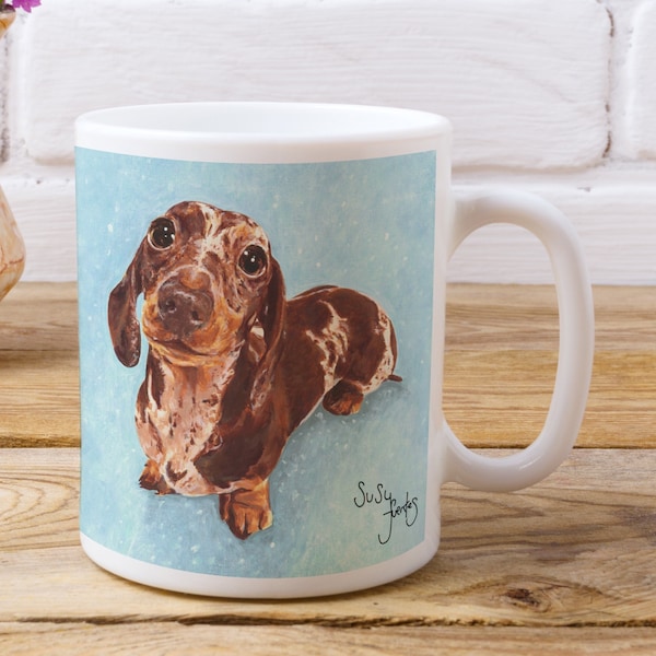 Dachshund Mug, Dapple Dachshund, Dachshunds, Chocolate Dachshund, Dapple Chocolate Dachshund, Miniature Dachshund by Artist Susy Fuentes