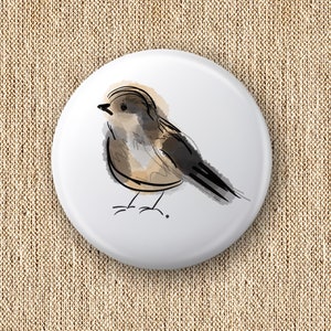 May include: A watercolor-style illustration of a brown and gray bird with a long tail, perched on a white background.