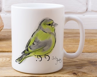 Greenfinch Bird Mug by Artist Susy Fuentes