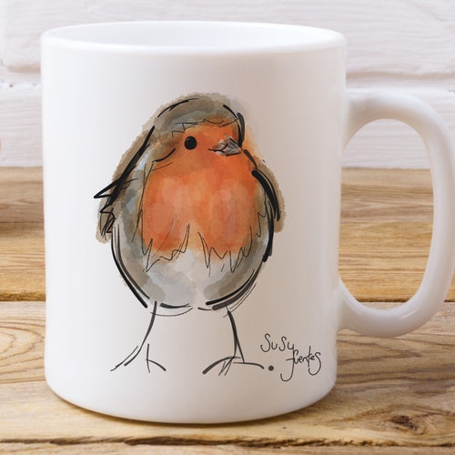 Robin Bird Tea Cup Original Art Print Big Coffee Mug Robins Quality Bone China Robin Bird Tea Cup Original Art Print Big Coffee Mug Robins Quality Bone China