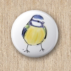 May include: A watercolor painting of a blue tit bird with a yellow breast and a black eye. The bird is perched on a branch and is looking to the right.