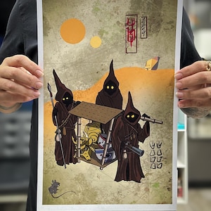 May include: A vintage-style illustration of three figures in brown robes carrying a wooden cart with various objects on a desert landscape. The cart is decorated with gold accents and the figures have yellow eyes. The background features a yellow sun and a desert scene with sand dunes. The illustration is titled "砂", which is Japanese for "sand".