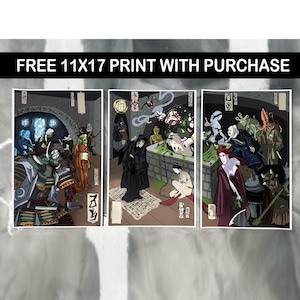 May include: Three framed art prints featuring a stylized, colorful illustration with a Japanese woodblock print aesthetic. The prints depict various figures in a fantasy setting. Text at the top reads "FREE 11X17 PRINT WITH PURCHASE".