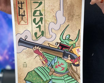 Star Wars Boba Fett Art Print, Japanese Samurai style poster, Mandalorian Bounty Hunter Artwork, Birthday Gift Idea for sci-fi fan