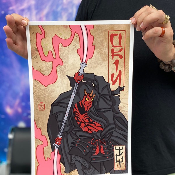 Star Wars Darth Maul Art Print, Japanese Samurai style poster, Darkside Lightsaber themed wall artwork, Birthday Gift Idea for sci-fi fan