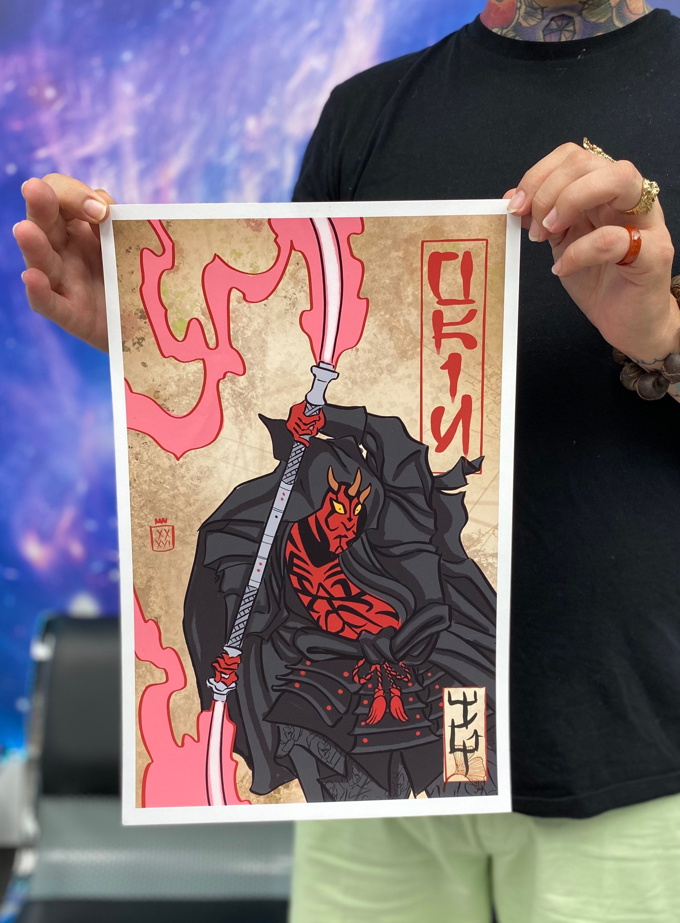 Star Wars Darth Maul Art Print, Japanese Samurai style poster, Darkside Lightsaber themed wall artwork, Birthday Gift Idea for sci-fi fan