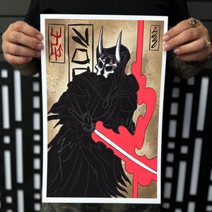 May include: A black and white illustration of a masked figure with horns, holding a red lightsaber. The background is a tan color with Japanese characters.