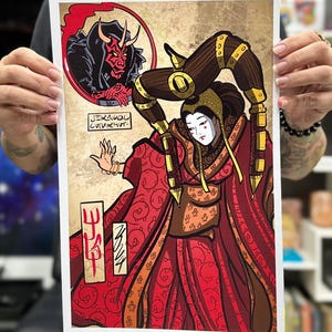 May include: A Japanese-style illustration of a woman with a large, elaborate headdress. She is wearing a red and gold robe with intricate patterns. The woman is looking to the left, and there is a red circle behind her with a horned demon inside. The text "JEDI MASTER" is written below the circle.